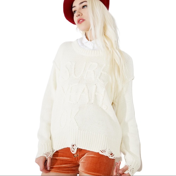 WILDFOX Chunky Knit Distressed “Sure Yeah Ok” Graphic Oversized Sweater Cream - Picture 16 of 16